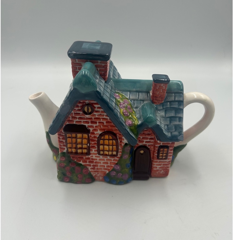 Thomas Kinkade Cottage House Teapot Ceramic Design 2005 Brick Floral Blue Roof